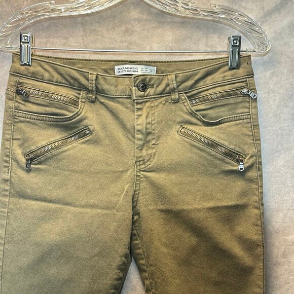 Zara Basic Z1975 Olive Green Skinny Ankle Jeans | Size 8 | Zip Pocket & Raw Hem - Picture 2 of 6